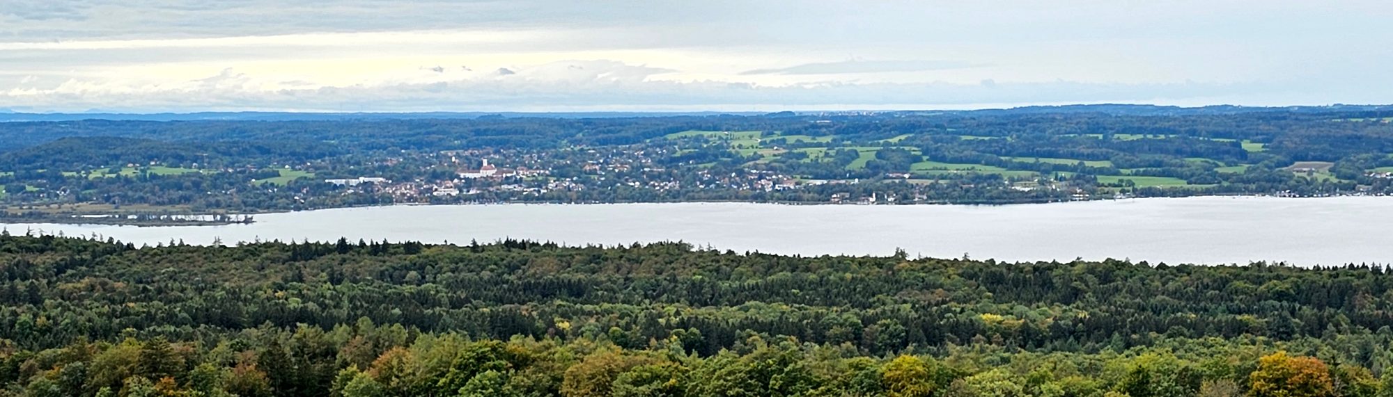 Blick über den Ammersee mit bewaldetem Ufer und Alpenkette am Horizont
