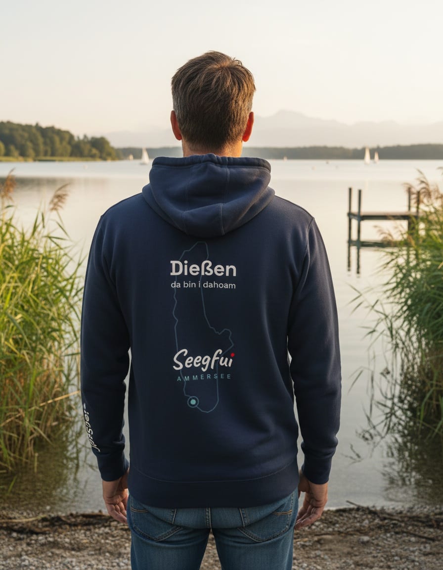 Model von hinten am Ammersee trägt den Seegfui Orte-Hoodie – großes Dießen-Ortsmotiv auf dem Rücken