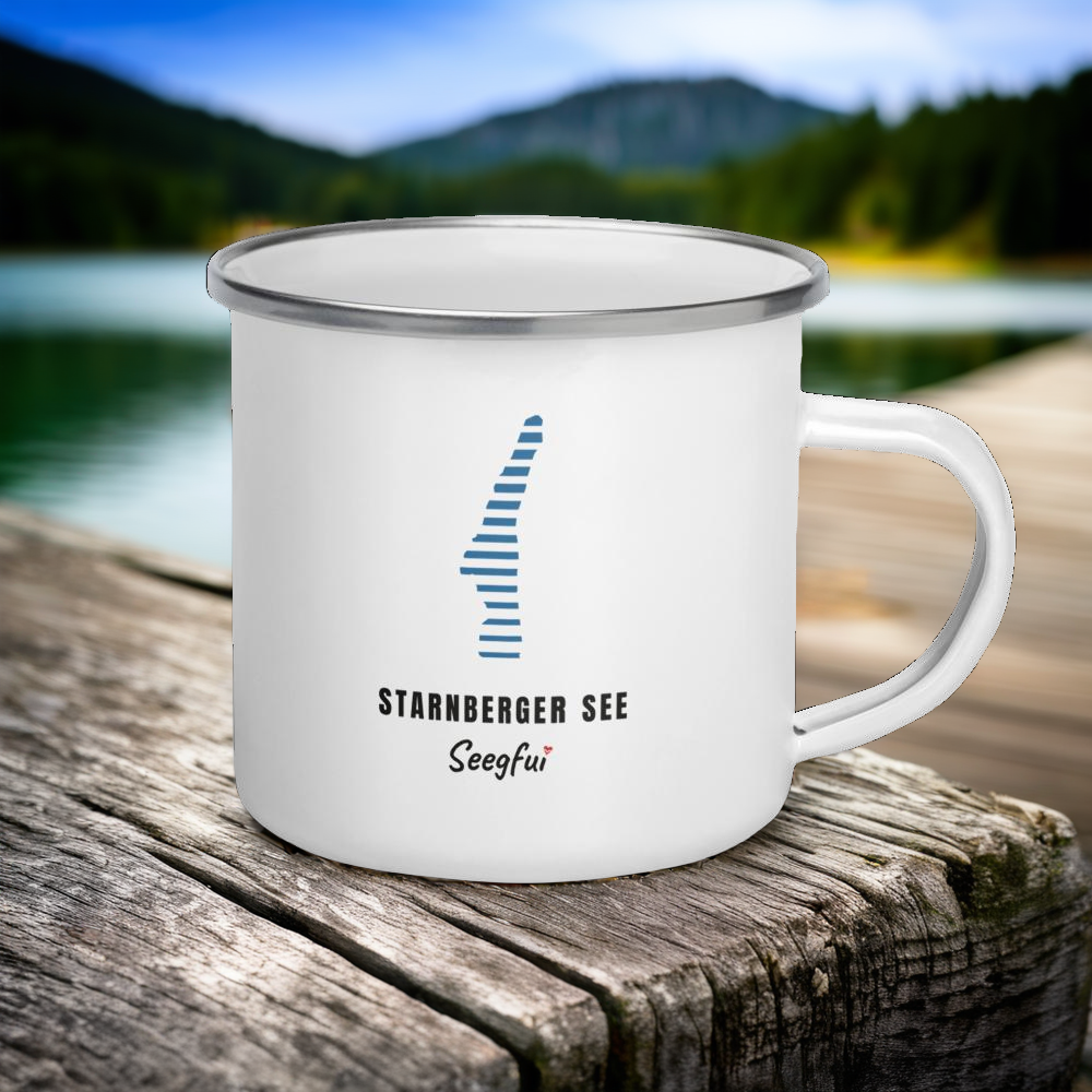 Sonnengfui Starnberger See – Emaille-Tasse – am See (Steg/Seeterrasse vor Seekulisse)