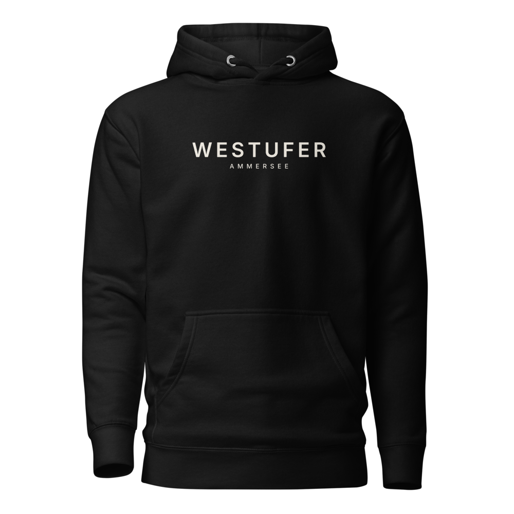 Ammersee Westufer Hoodie Schwarz – Vorderansicht: Schriftzug WESTUFER AMMERSEE in Creme auf schwarzem Hoodie