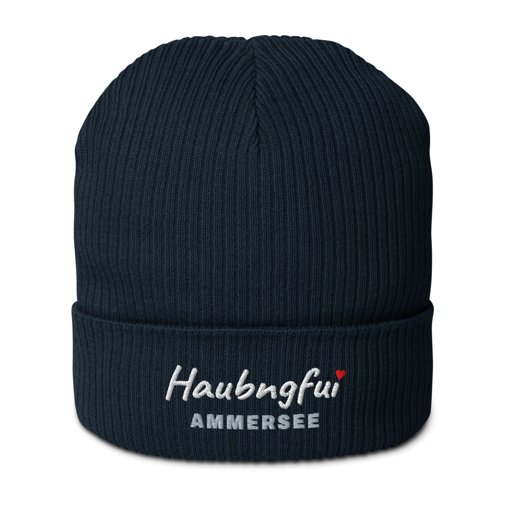 Gestrickte Beanie NELSON mit gesticktem Haubngfui-Schriftzug und Seename Ammersee in Schiefer