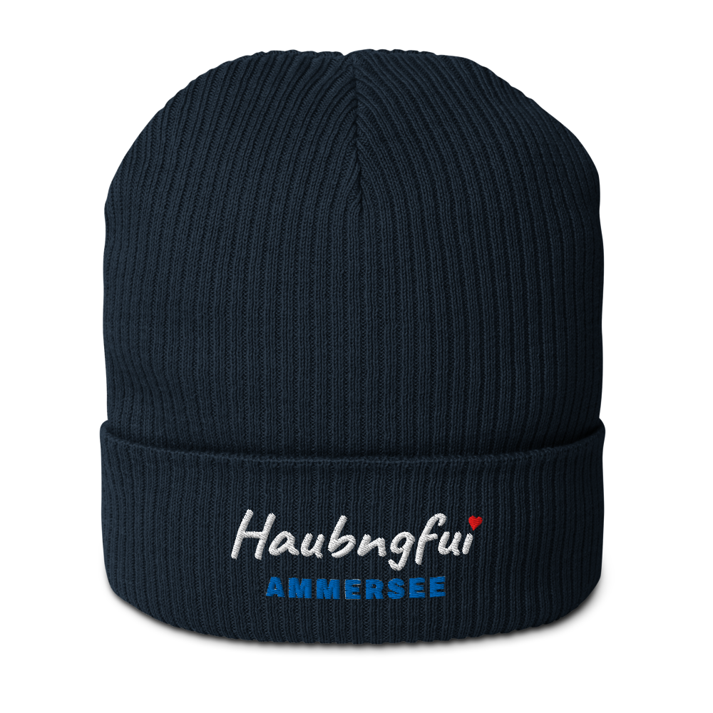 Gestrickte Beanie NELSON mit gesticktem Haubngfui-Schriftzug und Seename Ammersee in See-Blau