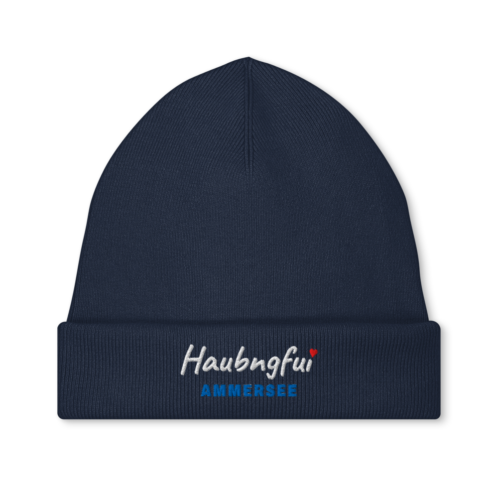 Gestrickte Beanie STAU295 mit gesticktem Haubngfui-Schriftzug und Seename Ammersee in See-Blau