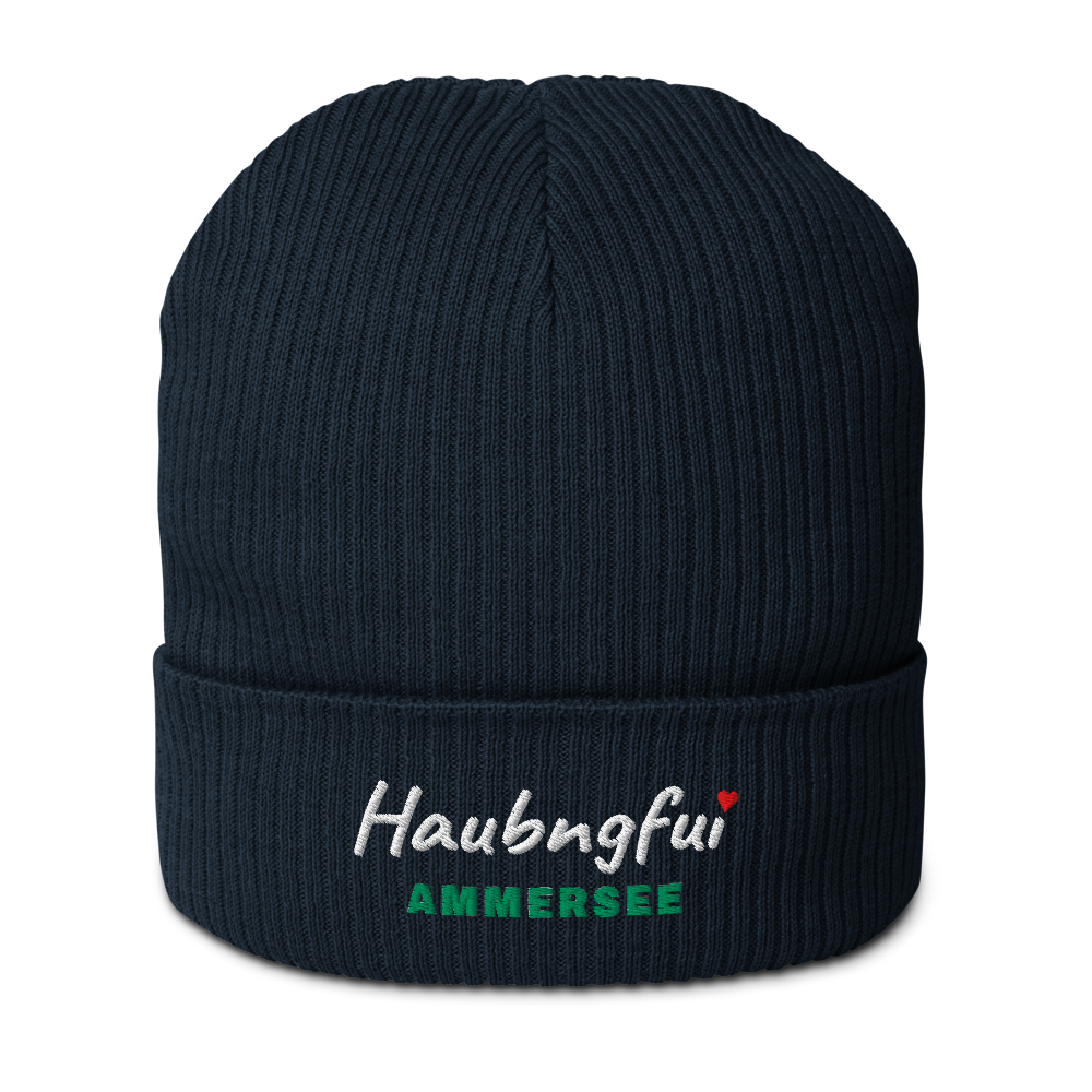 Gestrickte Beanie NELSON mit gesticktem Haubngfui-Schriftzug und Seename Ammersee in See-Grün