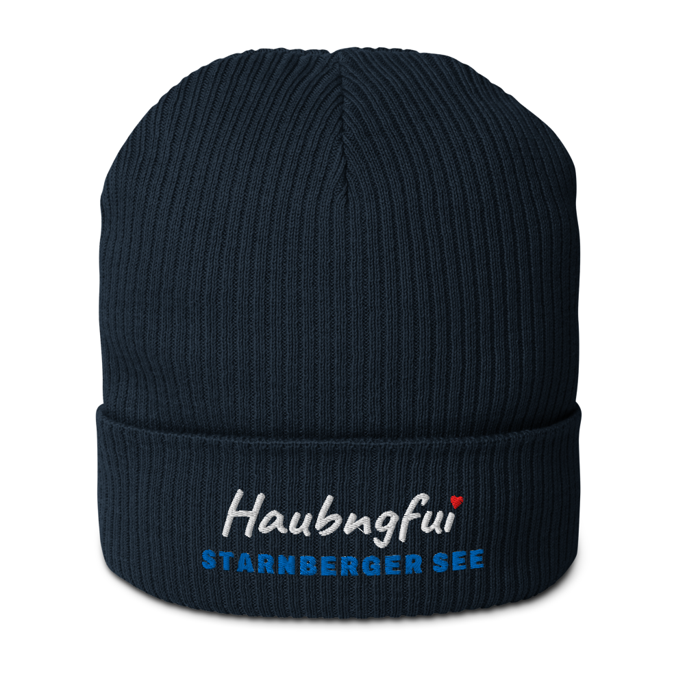 Gestrickte Beanie NELSON mit gesticktem Haubngfui-Schriftzug und Seename Starnberger See in See-Blau