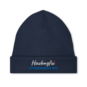 Gestrickte Beanie STAU295 mit gesticktem Haubngfui-Schriftzug und Seename Starnberger See in See-Blau