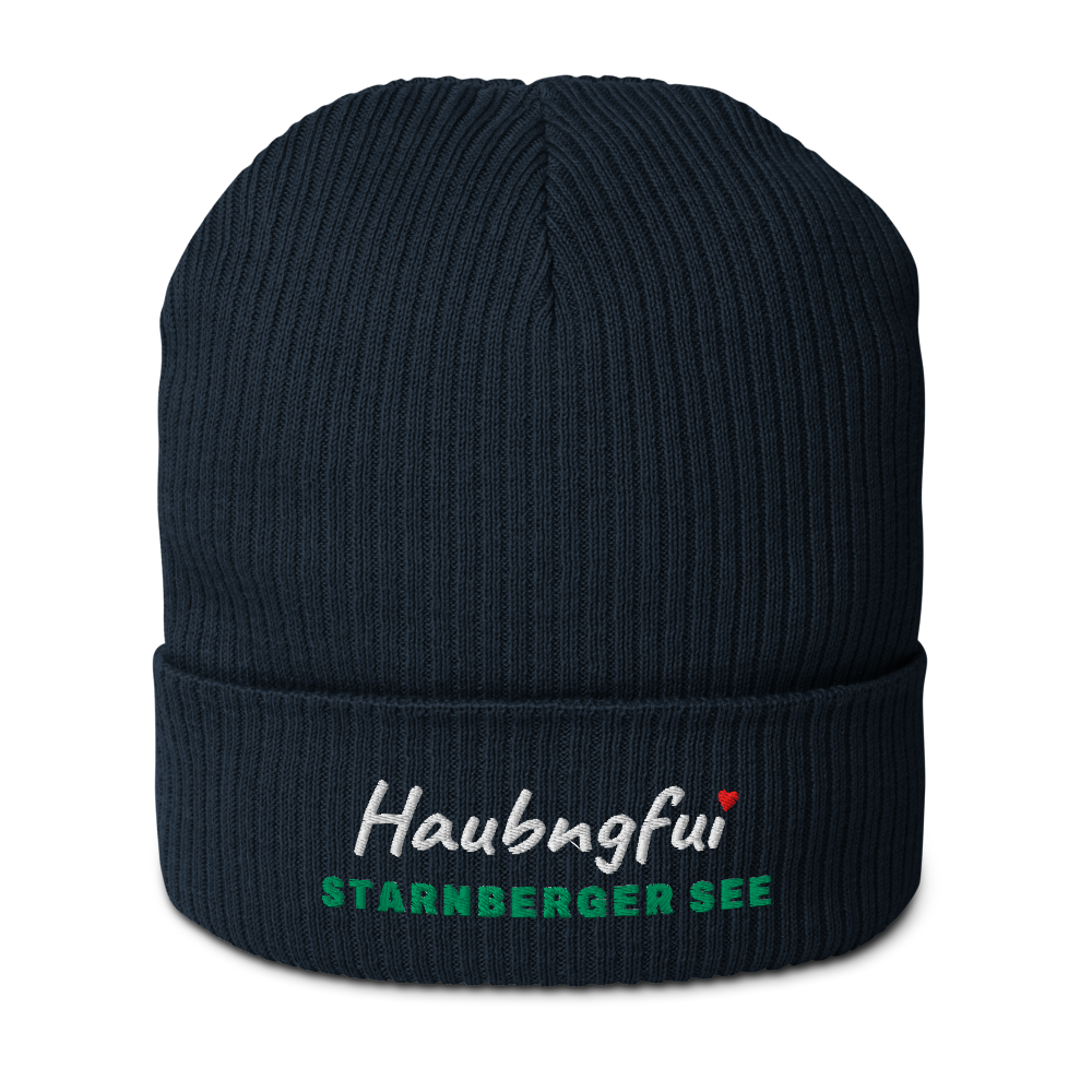 Gestrickte Beanie NELSON mit gesticktem Haubngfui-Schriftzug und Seename Starnberger See in See-Grün