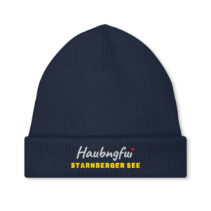 Gestrickte Beanie STAU295 mit gesticktem Haubngfui-Schriftzug und Seename Starnberger See in Senf