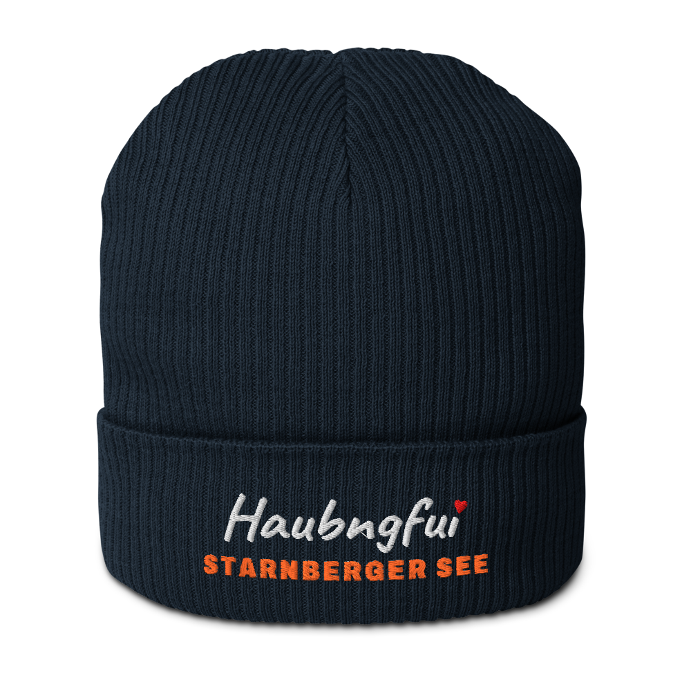 Gestrickte Beanie NELSON mit gesticktem Haubngfui-Schriftzug und Seename Starnberger See in Terrakotta