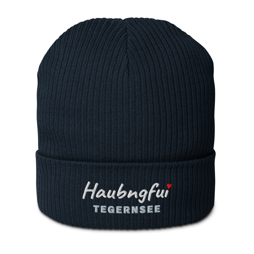 Gestrickte Beanie NELSON mit gesticktem Haubngfui-Schriftzug und Seename Tegernsee in Schiefer