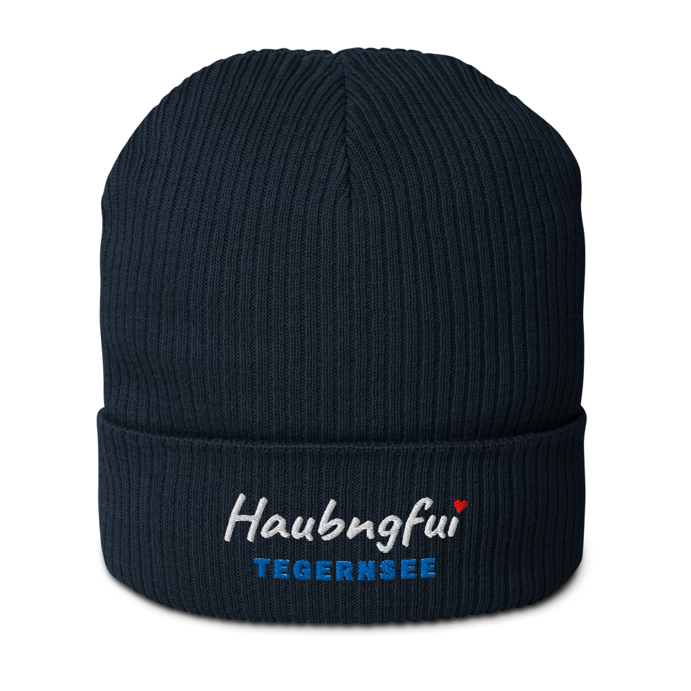 Gestrickte Beanie NELSON mit gesticktem Haubngfui-Schriftzug und Seename Tegernsee in See-Blau