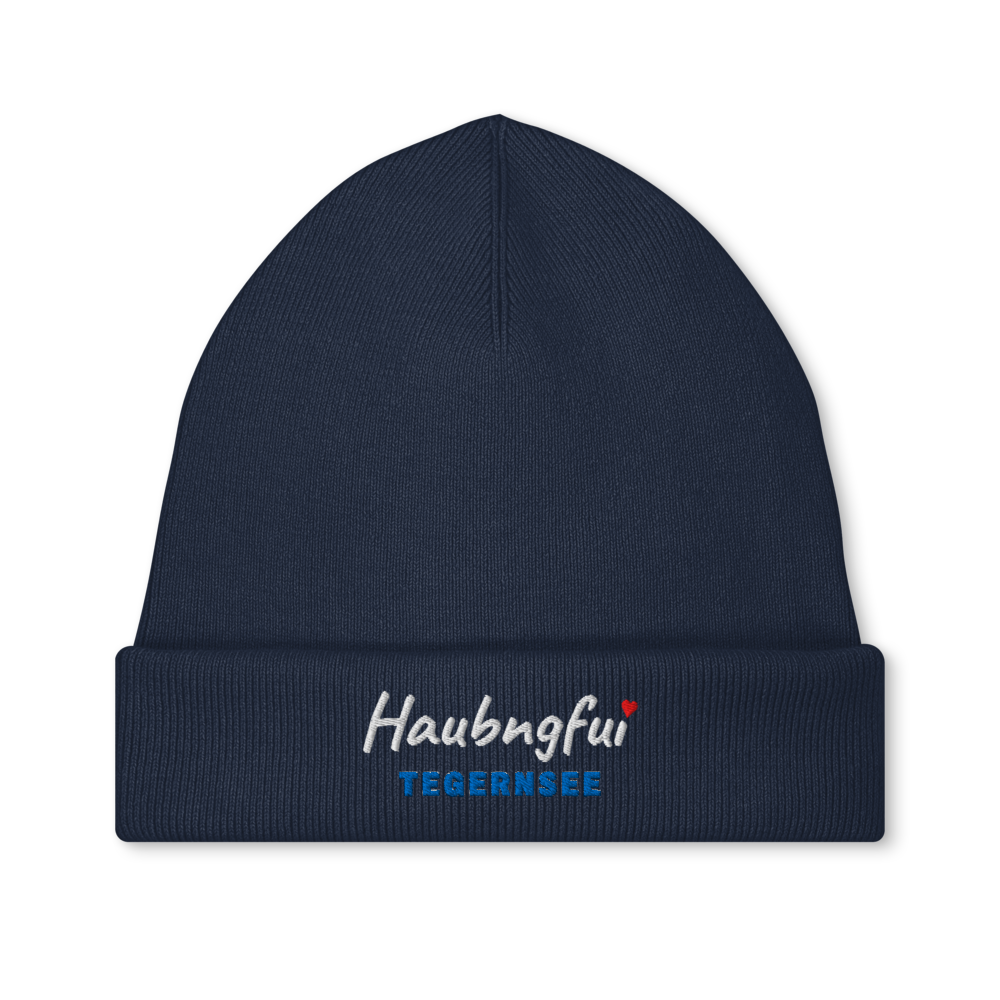 Gestrickte Beanie STAU295 mit gesticktem Haubngfui-Schriftzug und Seename Tegernsee in See-Blau