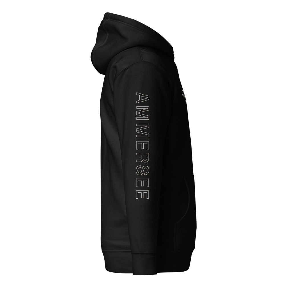 Ammersee Ostufer Hoodie Schwarz – rechter Ärmel mit AMMERSEE-Schriftzug